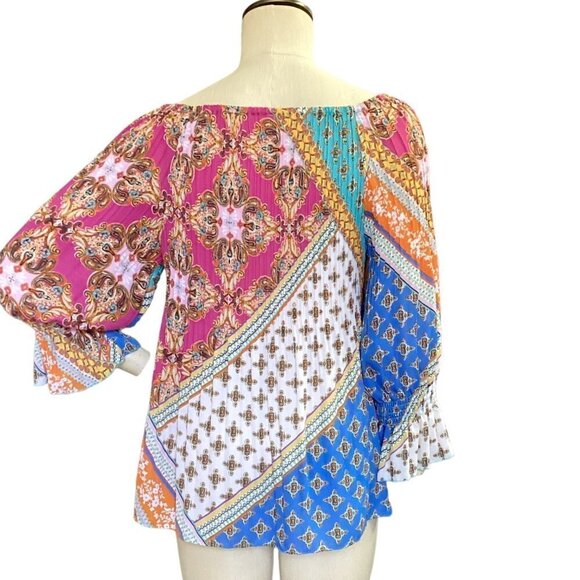 Spense Bell Sleeve Crinkle BOHO Peasant Top Colorful Mixed Pattern Sz M 75i - Picture 4 of 7